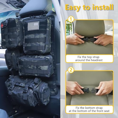Universal Tactical Seat Back Organizer Vehicle Molle Panel Organizer Storage Bag with 5 Detachable Molle Pouch for All Vehicel Such as Jeep (A model-Black Camo)