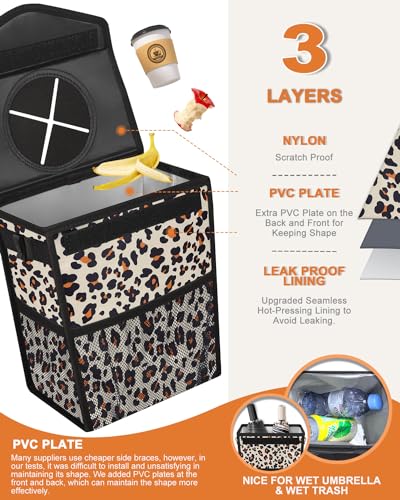 Car Trash Can with Lid Leakproof Car Garbage Bag Vehicle Trash Bin (2 Gallons / Leopard)