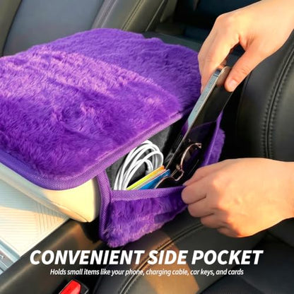 Plush Fuzzy Fur Car Armrest Cover with Side Pockets