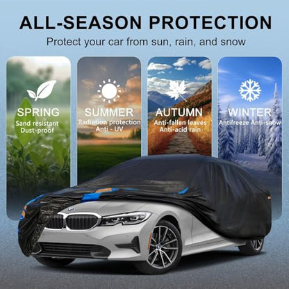 Car Cover Waterproof All Weather for Automobiles (Black-Blue / 2 Fit Sedan/Coupe-Length Up To 165 inch)
