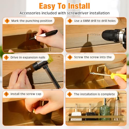 2 Pieces Stainless Steel Shelf Bathroom Shower Floating Shelves Wall Mounted Shower Caddy Basket Shelf Storage Organizer Shelves for Bathroom (15.75 Inch/ 40 cm / Gold)