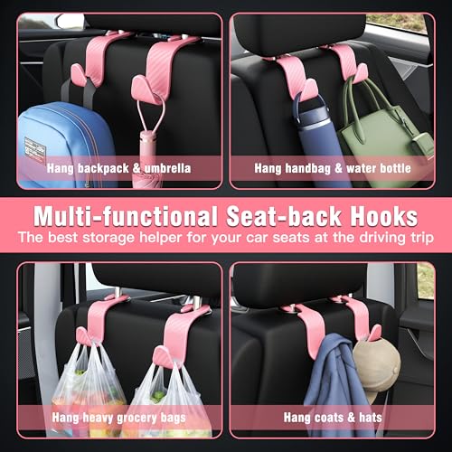 4 Pack Car Headrest Hooks Holds 55lbs Seat Storage Organizer for Bags (Pink Check)