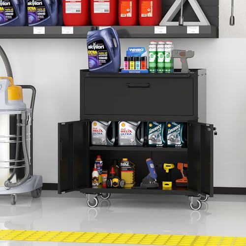 Metal Storage Cabinet for Garage (Black / M - 1 Drawer & 2 Doors (Wheeled))