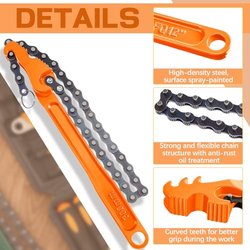 3 Pcs Large Reversible Chain Oil Filter Wrench with 12 16 9 Inch Chain Wrench Adjustable Heavy Duty Carbon Steel Sturdy Pipe Fitting Tool Spanner for Ratcheting Universal (Orange)