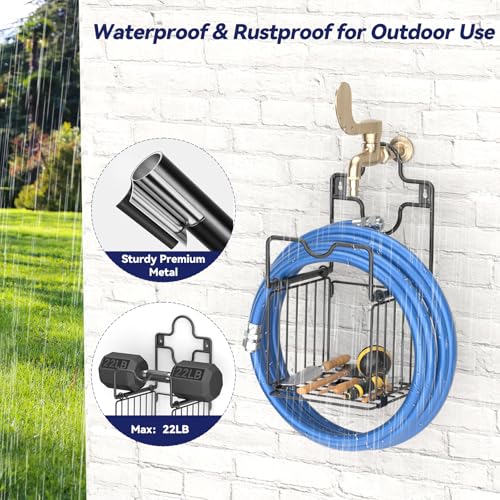 Garden Hose Holders for Outside Metal Water Hose Holder Wall Mount Hose Hanger with Storage Basket Heavy Duty Waterhose Holder for Outside Hose Rack Outdoor Hose Caddy Hook for Garden Organizer Black (Black)