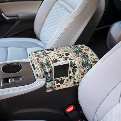 Aztec Cow Print Retro Car Center Console Armrest Cover Comfortable Armrest Seat Box Pad with Organizer Pockets Console Lid Protector Cushion Universal Fit for Most Vehicles SUVs (Aztec Cow Print Retro)