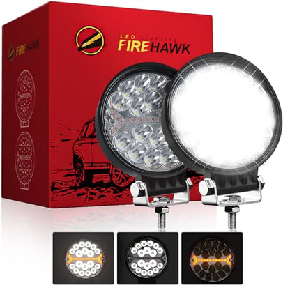 LED Light Pods Bar 4 Inch 30000LM 60W Round Spot Flood Amber White Driving Offroad Fog Work Backup Bumper for Truck Jeep ATV UTV SUV Tractor Motorcycle 4x4 Cart Trailer Boat Waterproof 2PCS (Round)