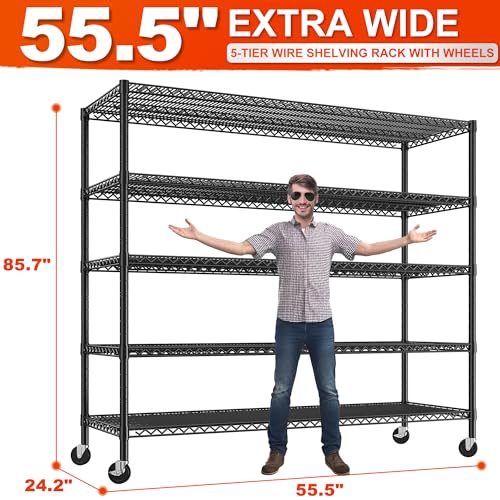 85.7" H Storage Shelves 2998LBS Metal Shelving Unit with Wheels & Feet (5-Tier,55.5" W X 85.7" H X 24.2" D)