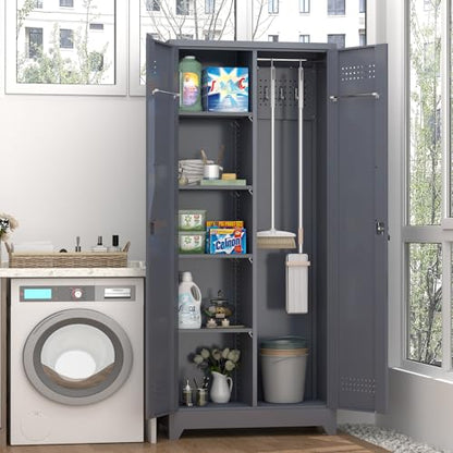 72'' Metal Utility Storage Cabinet with Pegboard & Tool Hanging Bars (Grey / 72.8"H Broom Cabinet)