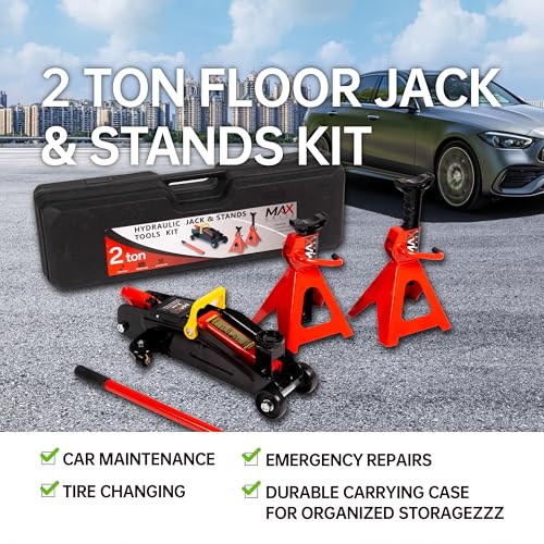2-Ton (4400 lbs) Hydraulic Low Profile Trolley Garage Service/Floor Jack with Blow Mold Carrying Storage Case and 1 Pair 2 Ton Jack Stands for Home and Workshop Vehicle Maintenance