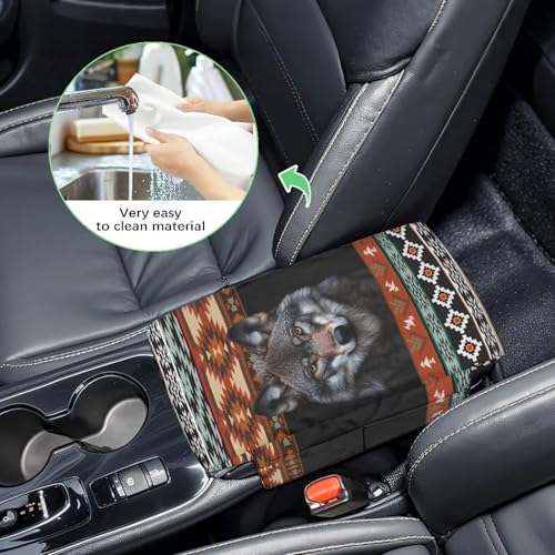Aztec Wolf Black Car Center Console Cover Scratch Resistant Armrest Seat Box Cover with Organizer Pockets Console Lid Protector Cushion Fit for Most Cars Vehicles SUVs (Aztec Wolf Black)