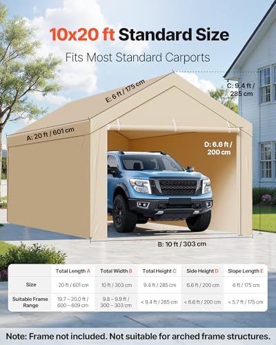 Carport Replacement Canopy Cover (Beige / 10x20ft)