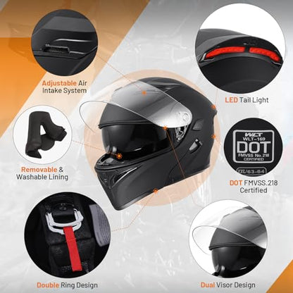 DOT Motorcycle Full Face Helmet (Matte Black-Led / Large)