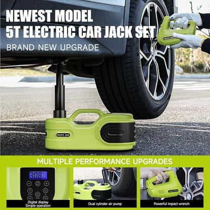 Electric Car Jack Kit 5T 12V Hydraulic Tire Jack with Double Cylinder Air Pump & LCD Touch Screen & Impact Wrench Portable Car Lift for Tire Changes and Roadside Emergencies (Upgrade Double Air Pump)