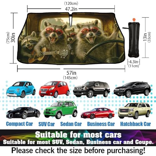 Funny Raccoon Car Windshield Sun Shade Umbrella Bendable Handle Foldable Animal Print Sunshade for Car Windshield Block UV Rays Keep Vehicle Cool for Most Sedans SUV Trucks Cars 57"x30" (147*75cm,33*11cm / Funny Raccoon)