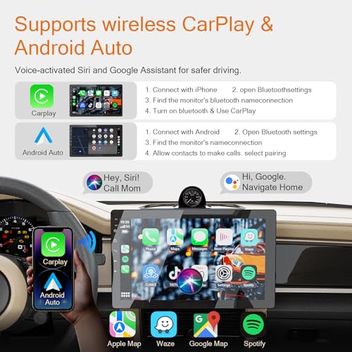 10 inch Single Din Radio Android 13 Car Stereo with Wireless Apple Carplay & Android Auto