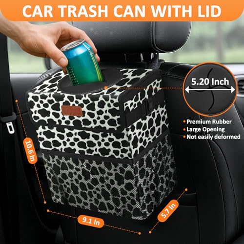 Car Trash Can with Lid Leak Proof Car Accessories for Women (2.2 Gallons / Cow Print)