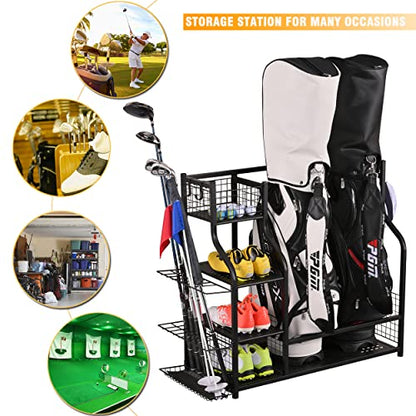2 Golf Bag Rack Garage Storage Organizer Metal Black Golf Clubs Stand (Black(For 2 Golf Bags+Wheels))