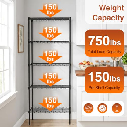 5 Tier Wire Shelf (Black / 14"D x 24"W x 60"H)