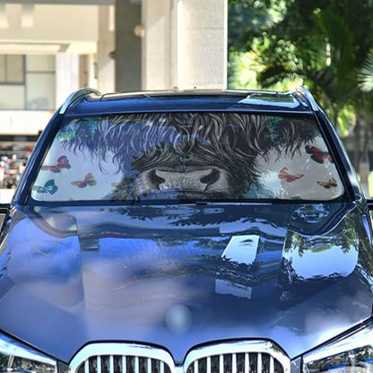 Car Front Windshield Sunshade (Highland Cow Flowers Butterflies)