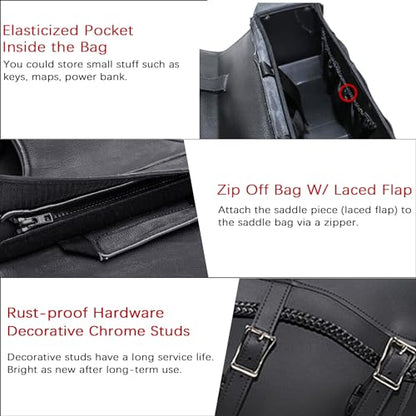 Naked Cowhide Leather Motorcycle Saddle Bags Studded Throw Over Saddlebags (Black 26L No Studs & Braided)