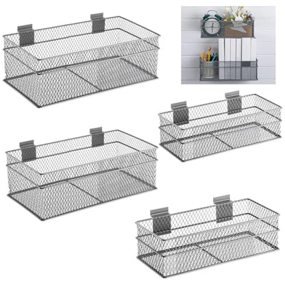 4 Pcs Slatwall Basket Set Ventilated Metal Slatwall Basket Hanging Wire Bins Wall Mounted Accessories for Panel Garage Storage Display Organizing (Assorted Sizes / Grey)