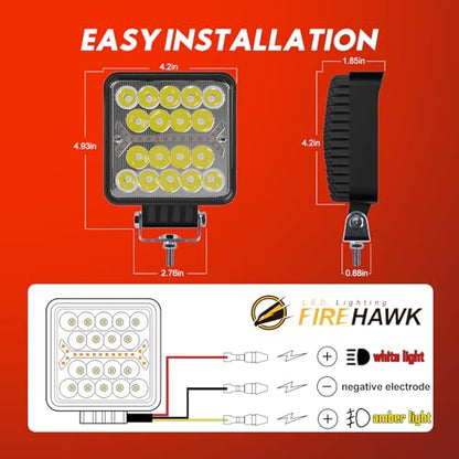 LED Light Pods Bar 4 Inch 30000LM 60W Square Spot Flood Amber White Driving Offroad Fog Work Backup Bumper for Truck Jeep ATV UTV SUV Tractor Motorcycle 4x4 Cart Trailer Boat Waterproof 2PCS (Square)