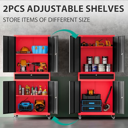 Metal Storage Cabinet with Wheels and Drawer (73"H x 31.5"W x 16"D / Red Black)