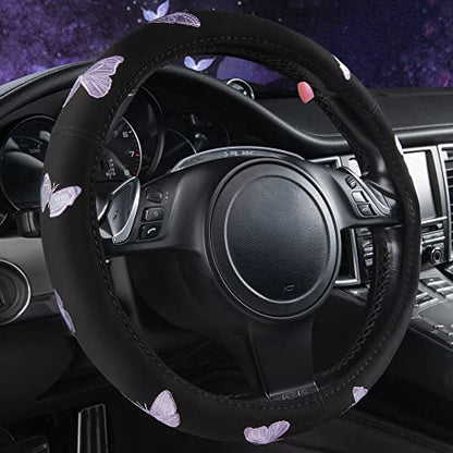 Purple Embroidery Butterfly Steering Wheel Cover (Black and Purple)