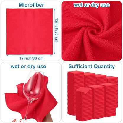 100 Pack 12'' x 12'' Microfiber Cleaning Cloths Reusable Cleaning Rags Bulk Microfiber Towels Softer Highly Absorbent Washcloths for House Kitchen Car Window (Red)