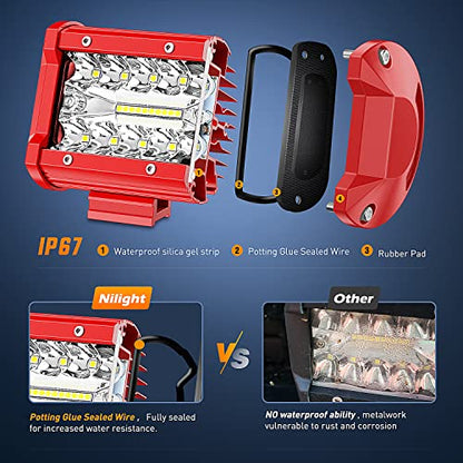 LED Light Bar 2PCS 60W 4Inch Triple Row Spot Flood Combo Lights w (White 2PCS with Red Shell and Wiring Kit / Led Pods)