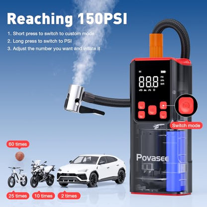 Tire Inflator Portable Air Compressor Povasee 150PSI Portable Air Pump for Tires Cordless Car Tire Inflator with LCD Display (A8-NEW)