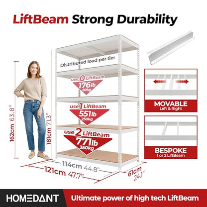 White 47.7" Deep 5 Tier Storage Shelves Garage Shelving Unit Metal (White / 47.7"W x 24.1"D)
