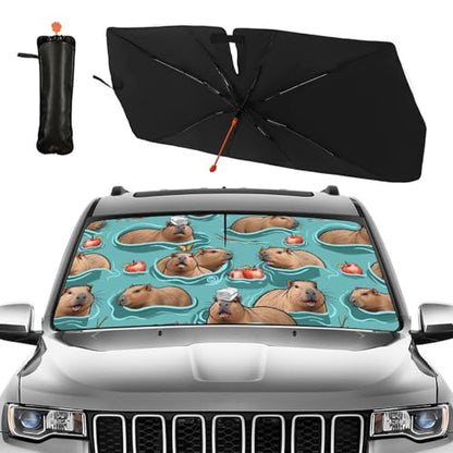Cute Capybara Print Car Sunshade Umbrella Capybaras Windshield Sun Shade for Car Retractable Umbrella Sunshades for Front Window Cute Sun Shades Cover Visor Portector Block UV Rays (One Size / Style15)