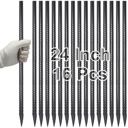Straight Rebar Stakes 24 Inch Ground Concrete Form Stakes Heavy Duty (I-24 Inch-16 Pcs / I-24 Inch-Φ3/8"-Black)