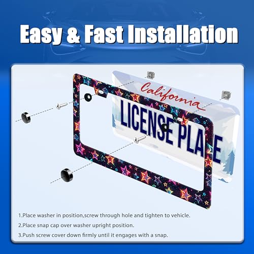 Colorful Stars License Plate Frame Stainless Steel Accessory 12.3x6.3 Inch (Colorful Cute Stars)