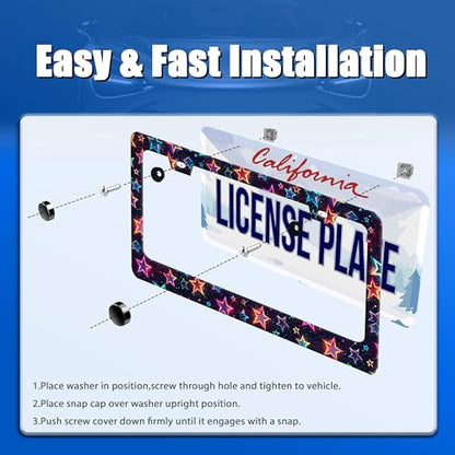 Colorful Stars License Plate Frame Stainless Steel Accessory 12.3x6.3 Inch (Colorful Cute Stars)