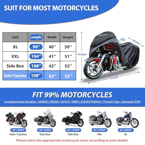 Motorcycle Cover for Harley Davidson Touring Waterproof Heavy Duty (110"-Touring Ultra)
