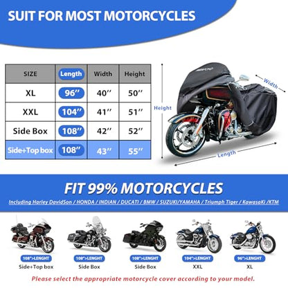 Motorcycle Cover for Harley Davidson Touring Waterproof Heavy Duty (110"-Touring Ultra)