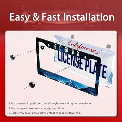 Moon Phase Mountains License Plate Frame Stainless Steel 2Holes with Screws (Moon Phase Mountains)