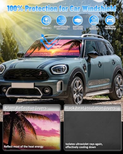 Sunset Beach Car Windshield Sun Shade Compatible with BMW MINI Cooper F55 2014 (for mini cooper F55 2015-2024 - Sunset Beach)