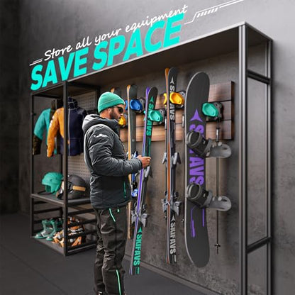 Ski & Snowboard Wall Rack for Garage Wall Fits Any Ski (Aurora Green / 4 Pack)