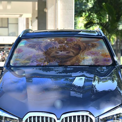 Car Front Windshield Sunshade (Highland Cow With Rainbow)