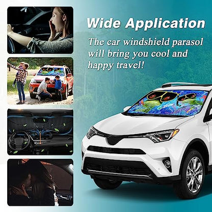 Frog Car Windshield Sun Shade Umbrella Frog Diving Foldable Car Windshield Sunshade UV Protector Automotive Window Sunshades for Sedan SUV Pickup Truck (UmbrellaStyle-2 / Expanded: 147 × 75 cm, Folded: 33 × 11 cm)