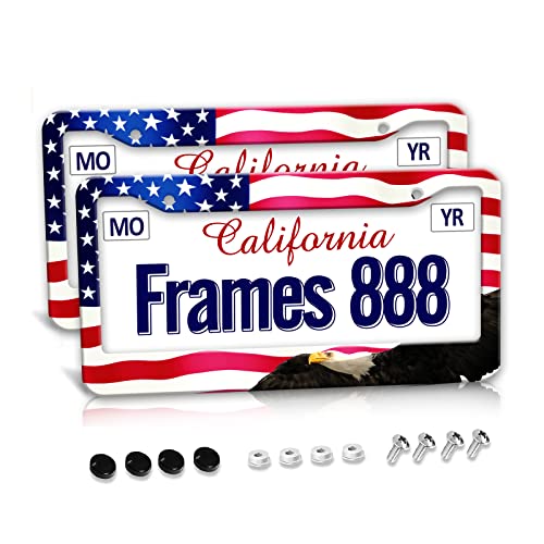 American Flag License Plate Frame American Flag License Plate Holder America Eagle License Plate Frame Covers US Car Tag Frame Stainless Aluminum 2 Pack 2 Holes Decorative 2 Pcs Set for Men (Eagle Flag License Plate Frames / 12.3 x 6.3)