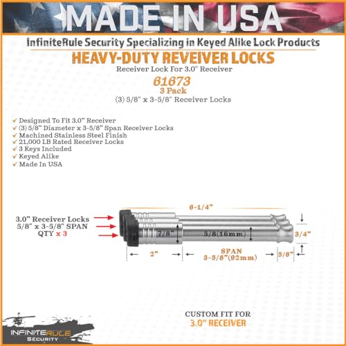 61673 | 3 Pack, Keyed Alike, Receiver Locks for 3" Receiver (Fits: 3.0" Receiver / 3PK (3) Receiver Locks)