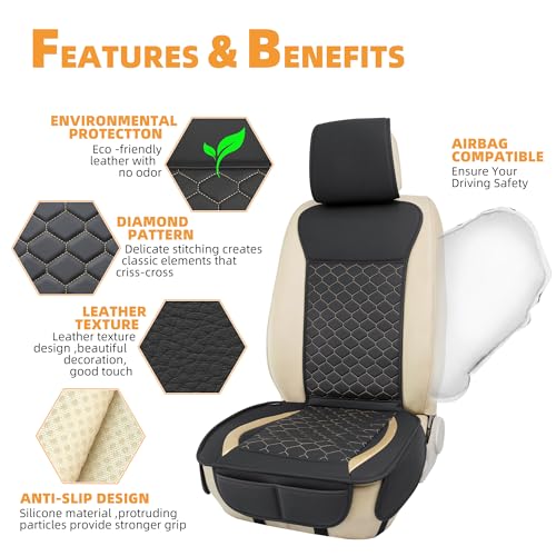 Leather Car Seat Covers Front 2PC Black Gold Luxury Waterproof (Black/Glod)