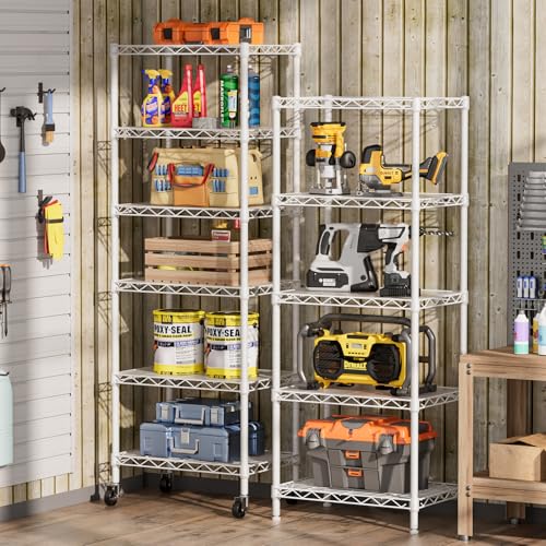 6 Small Wire Shelves Kitchen Pantry Close Home Organizers and Storage Bathroom Shelf Laundry Room Organization Adjustable Book Metal Garage Shelving Unit (White / 6-Tier 11.8"D X 17.3"W X 61.7"H)