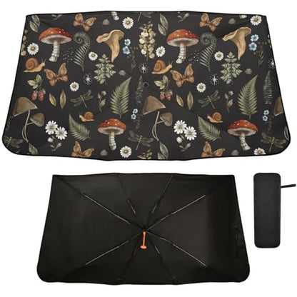 Mushrooms Windshield Sun Shade Umbrella Vintage Flower Butterfly Dragonfly Foldable Car Front Window Sunshade Blocks UV Rays Heat Keep Vehicle Cool (multi 14)