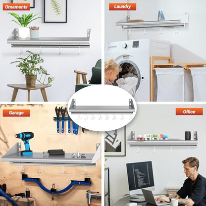 12" x 48" Stainless Steel Shelf Wall Mounted with 8 Hooks (12" x 48" / 1 Piece)
